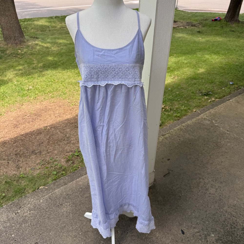 Rachel Ashwell Blue Gingham Cotton Eyelet Lace Maxi Dress Large Smocked Back L